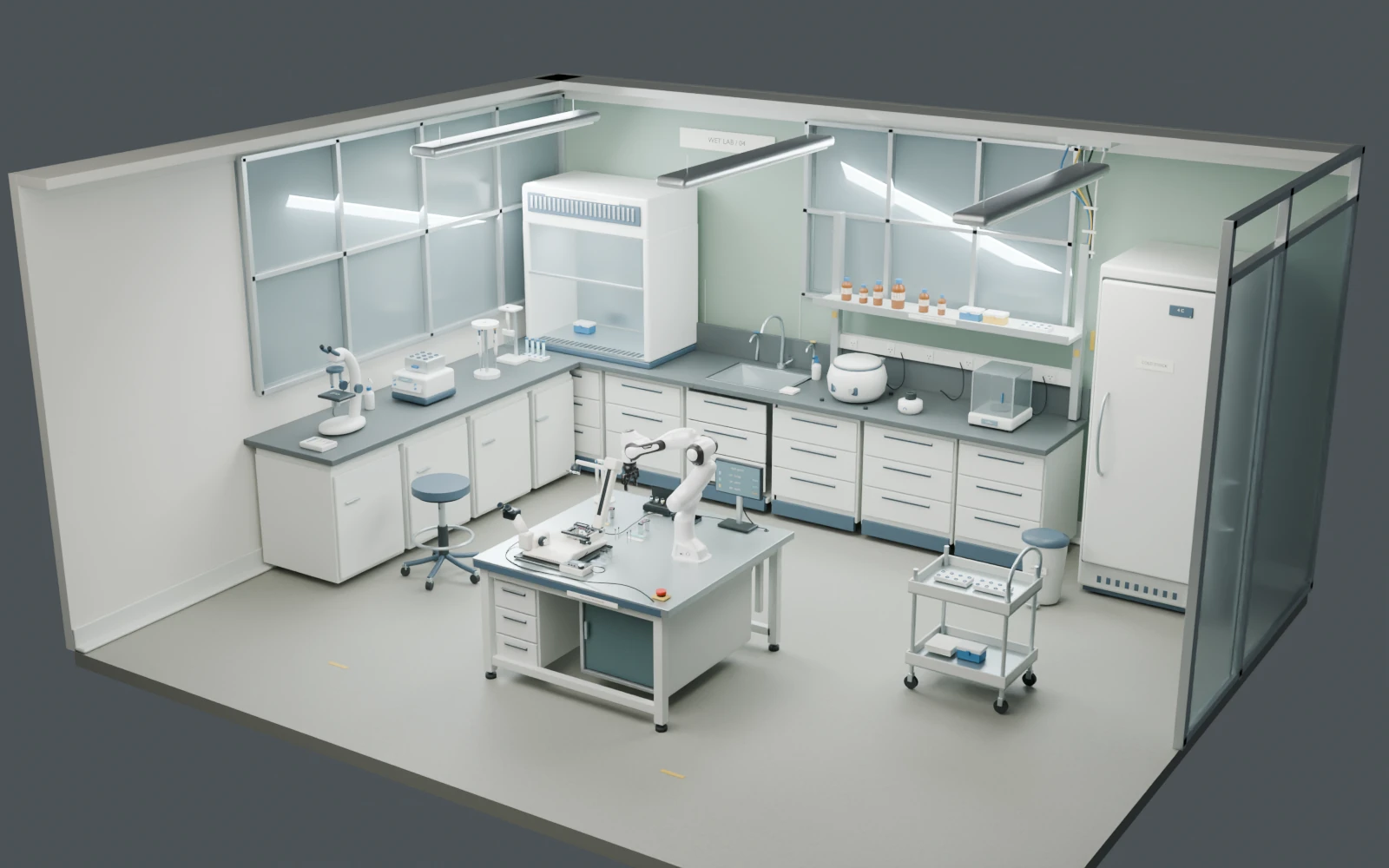 The authored wet laboratory with the actual simulator robot