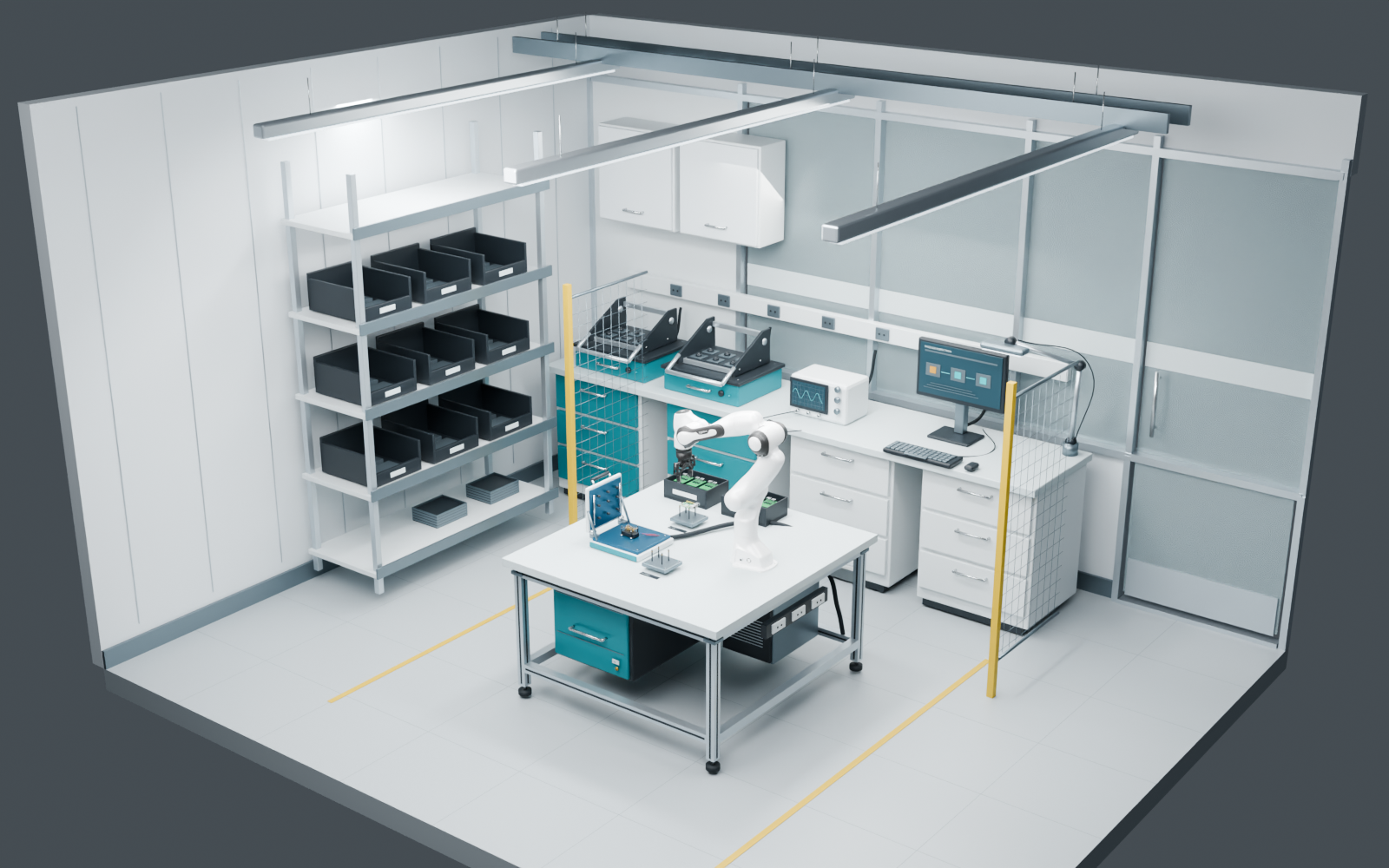 The full simulated electronics testing laboratory with actual simulator robot